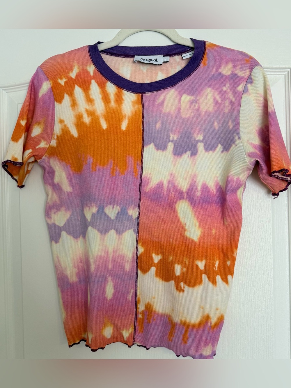 Desigual Ribbed Tie-Dye Fitted Tee | Size L | Purple Orange Pink | Portugal Made
